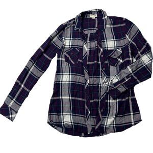 Maison Jules Plaid Button Up Shirt Purple Navy Teal Long Sleeve Womens S